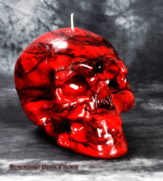 Hexenshop Dark Phönix Totenkopfkerze Rot und Schwarz Groß
